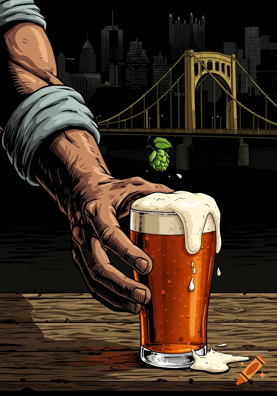 Dark comic book style illustration of a sinewy arm holding a pint glass overflowing with beer foam, with a hop and the Pittsburgh skyline in the background.