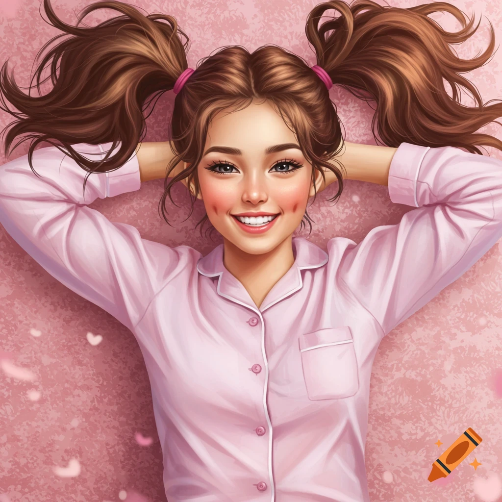 Smiling girl with pigtails in pink pajamas lying on a pink textured background, digital art.
