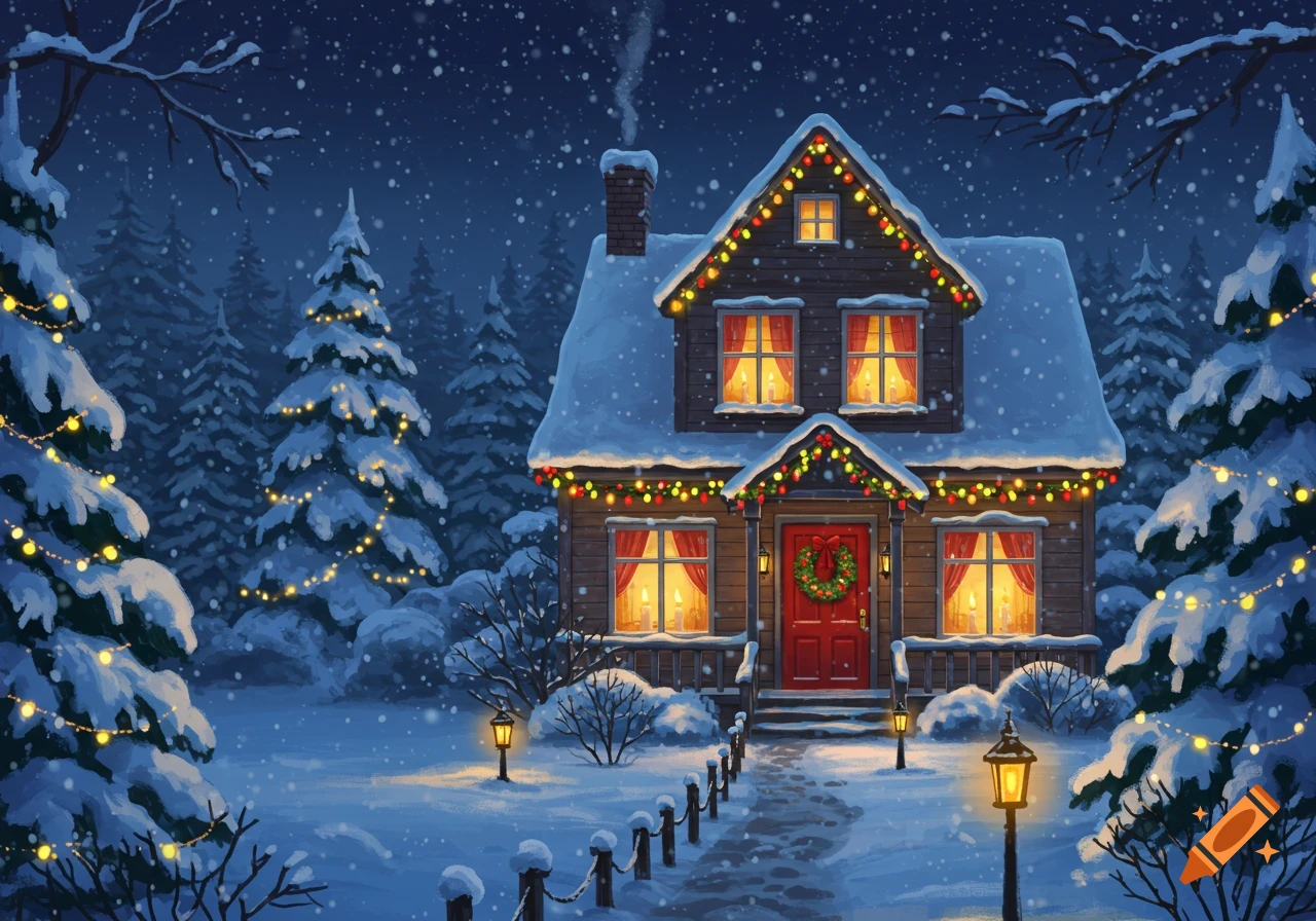 A cozy, snow-covered house decorated with colorful Christmas lights in a snowy winter forest setting.