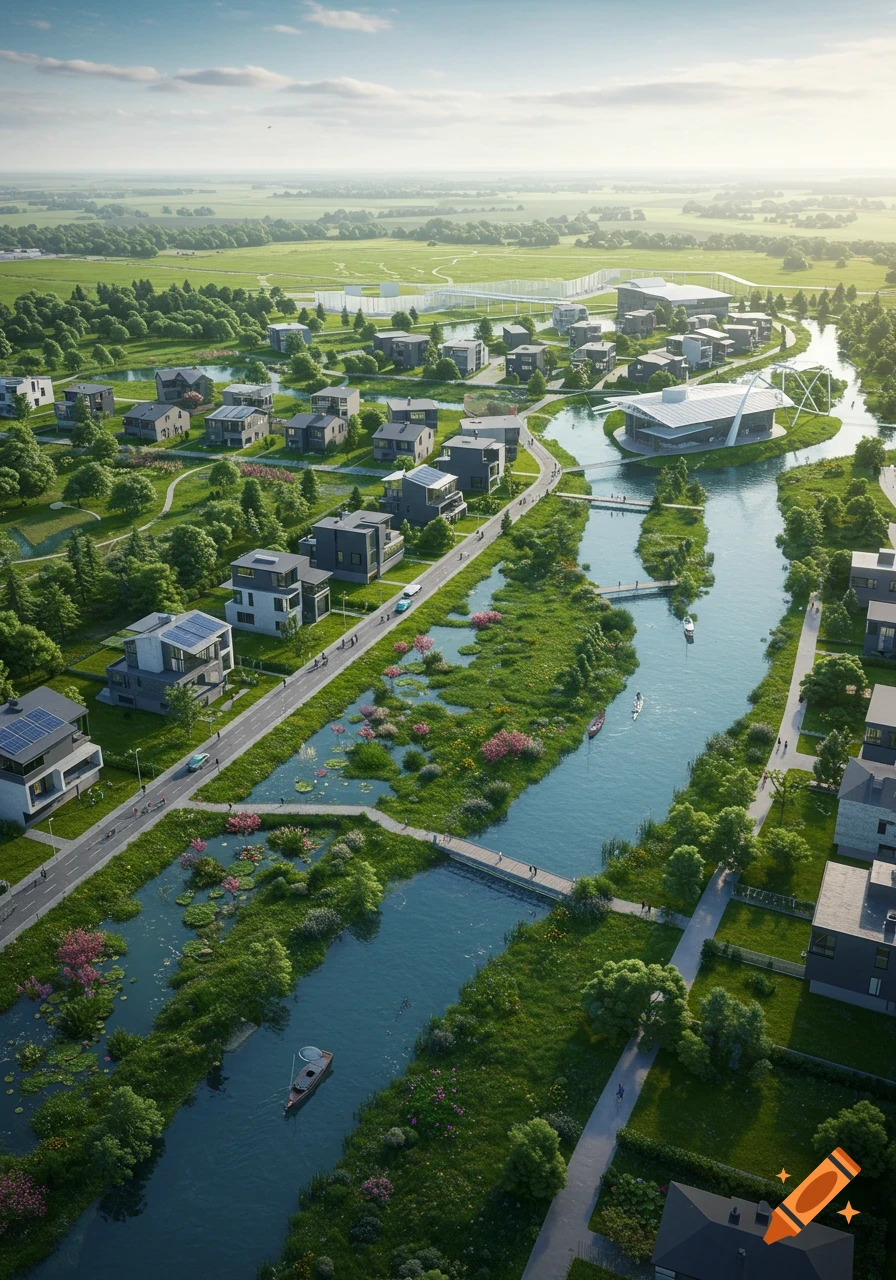 Aerial view of a modern, sustainable neighborhood with contemporary homes, a winding river, wetlands, and green spaces under a clear sky.