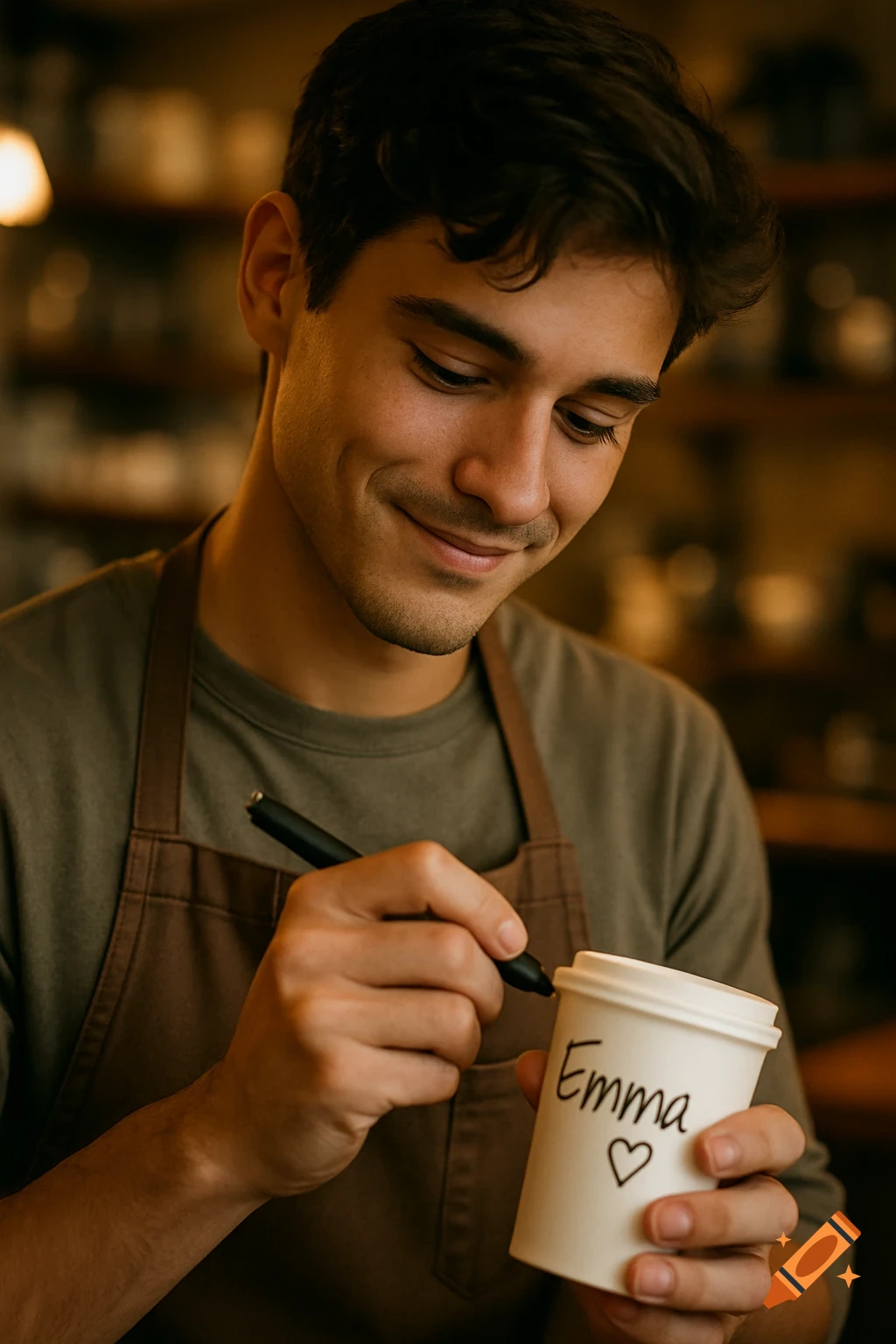 A handsome young male barista with a shy smile writes "Emma ❤️" on a coffee cup in a cozy cafe, with cinematic lighting.