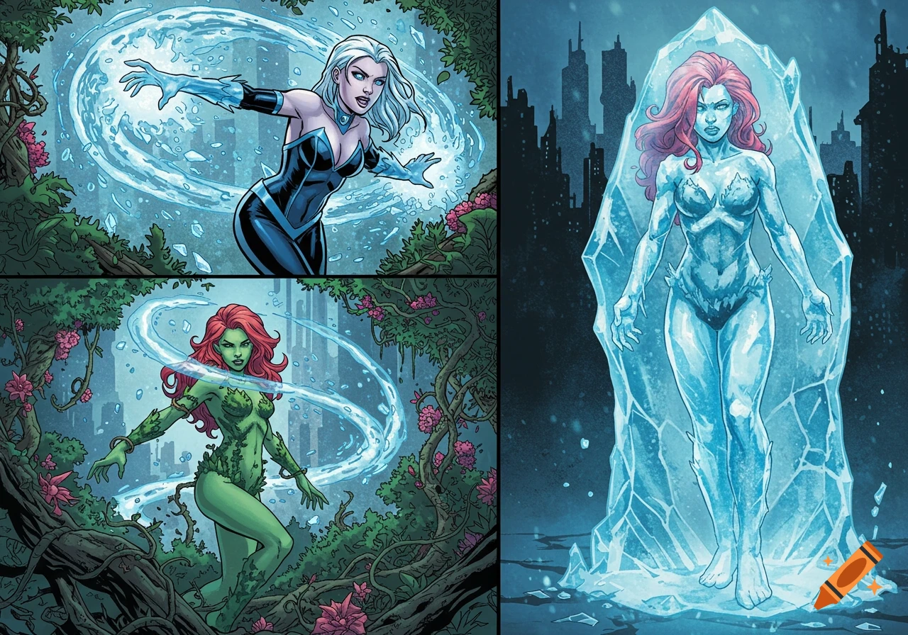 Three comic panels showing Killer Frost attacking Poison Ivy with ice, then Poison Ivy frozen in an ice block.