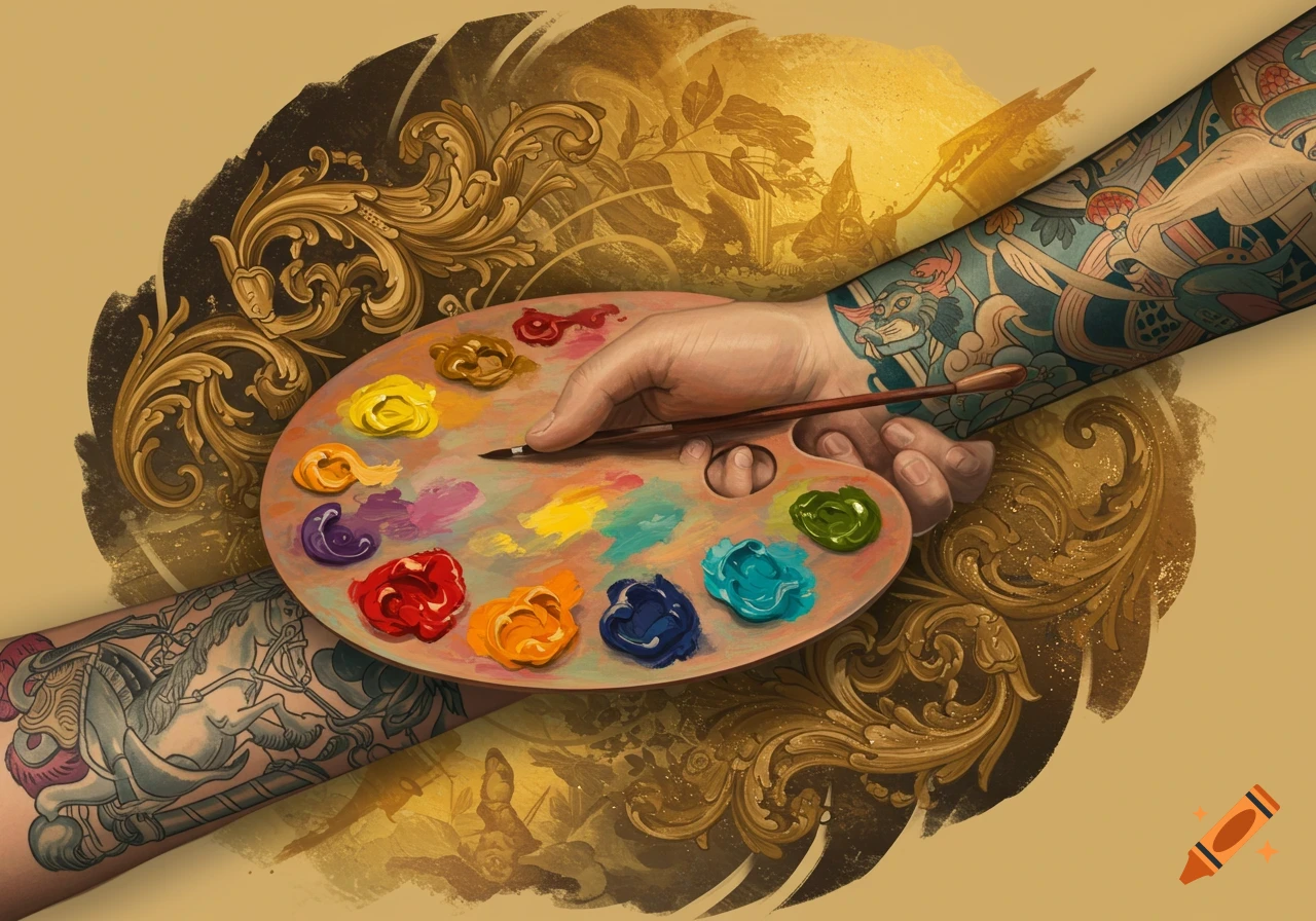 Detailed illustration of a tattooed hand holding a painter's palette and brush, with ornate golden patterns.