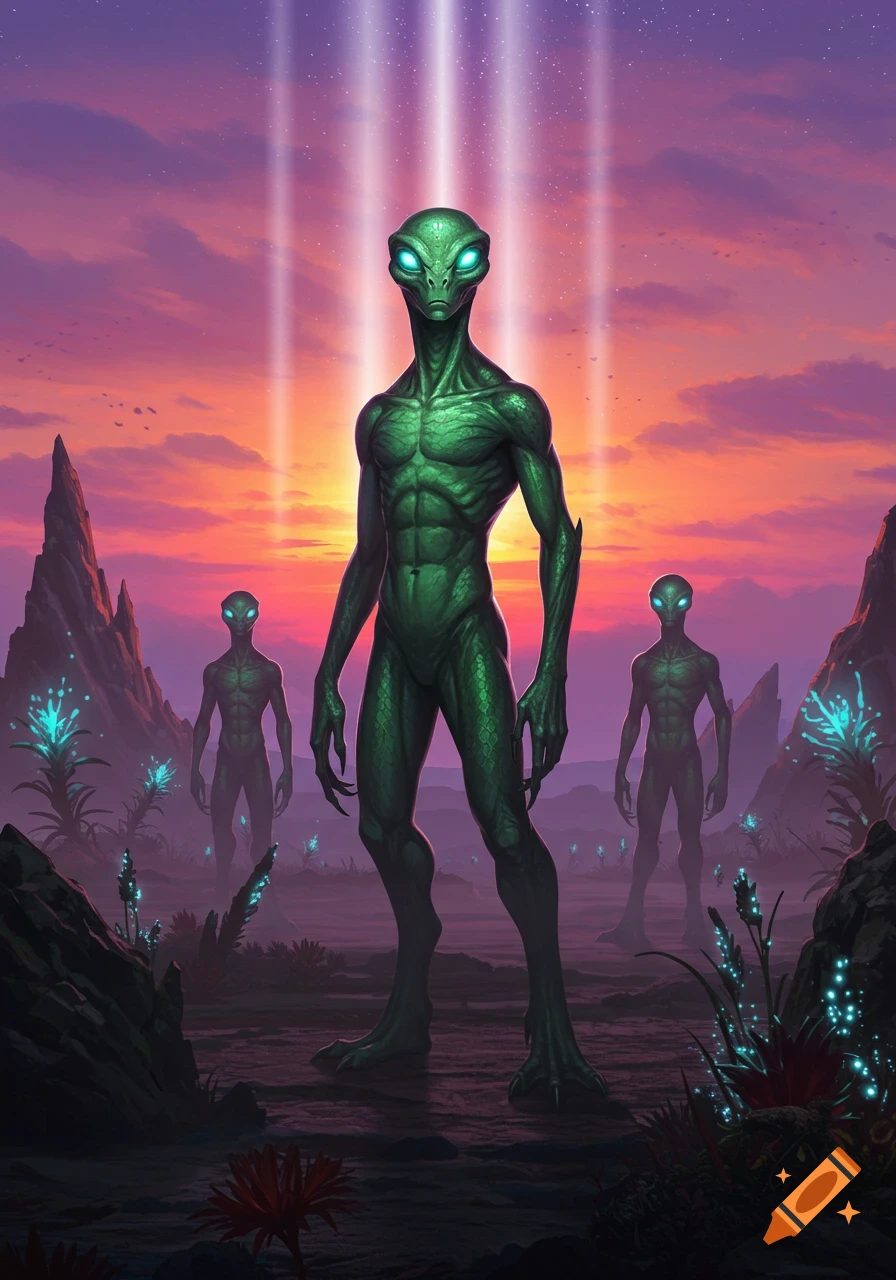 A large green reptilian alien stands on an alien planet at sunset, with two smaller aliens and glowing plants. Beams of light shine from the sky.