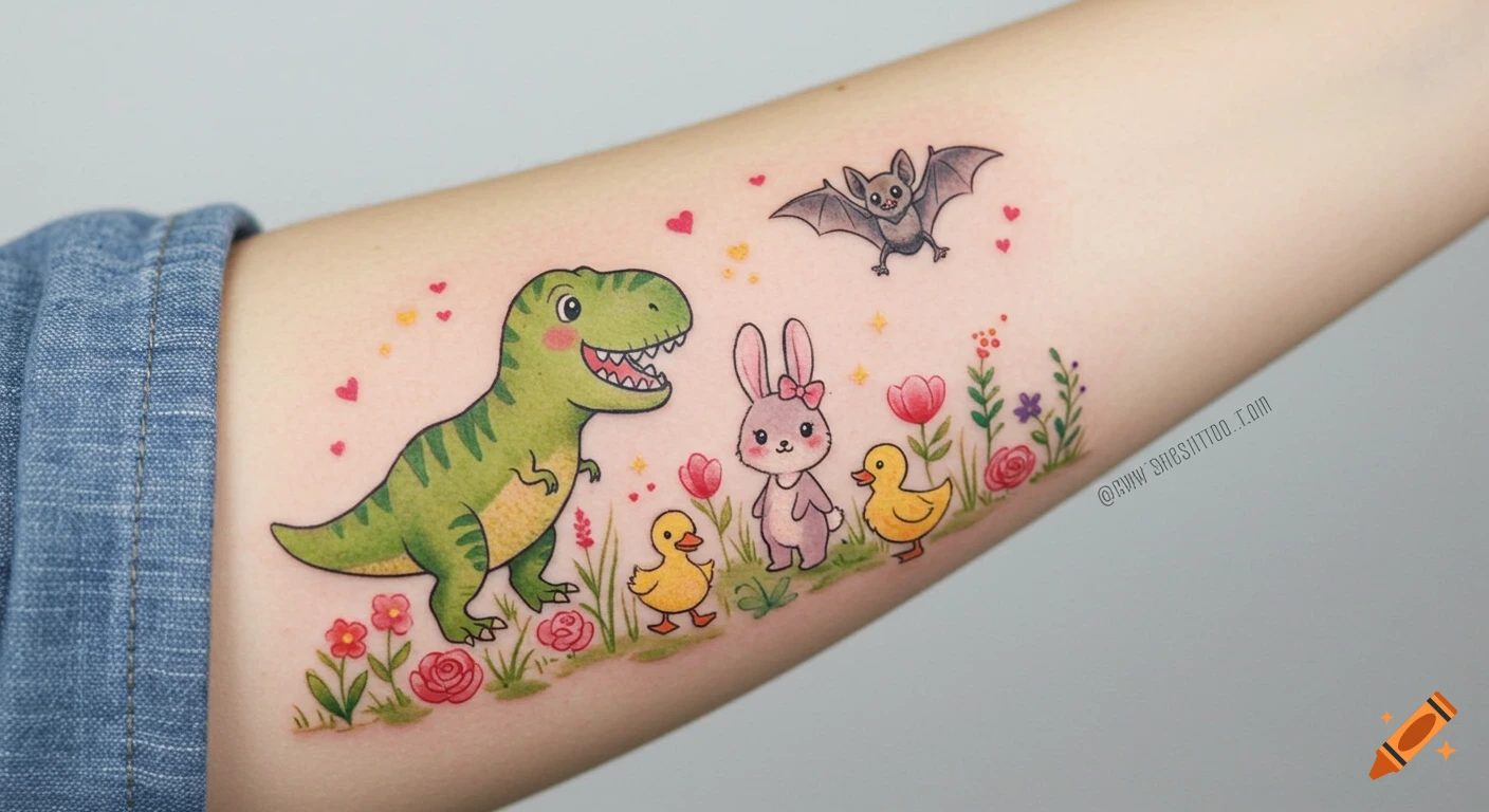Child-friendly watercolor tattoo on an arm featuring a T-Rex, bunny, ducklings, and a bat in a whimsical floral scene with hearts.
