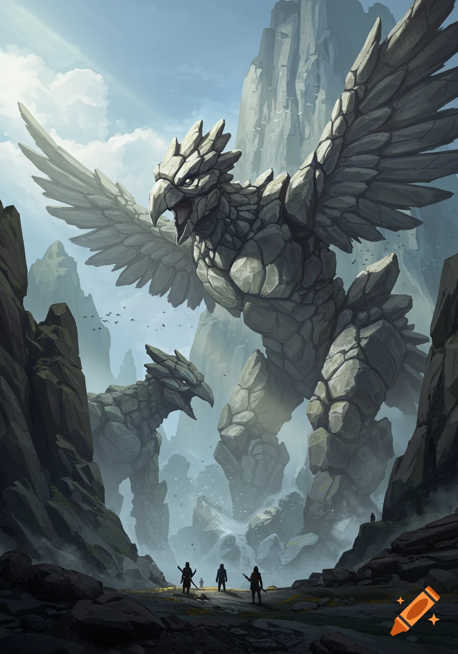 Giant rock bird-like golems loom over small human figures in a misty, rocky valley, digital fantasy art.