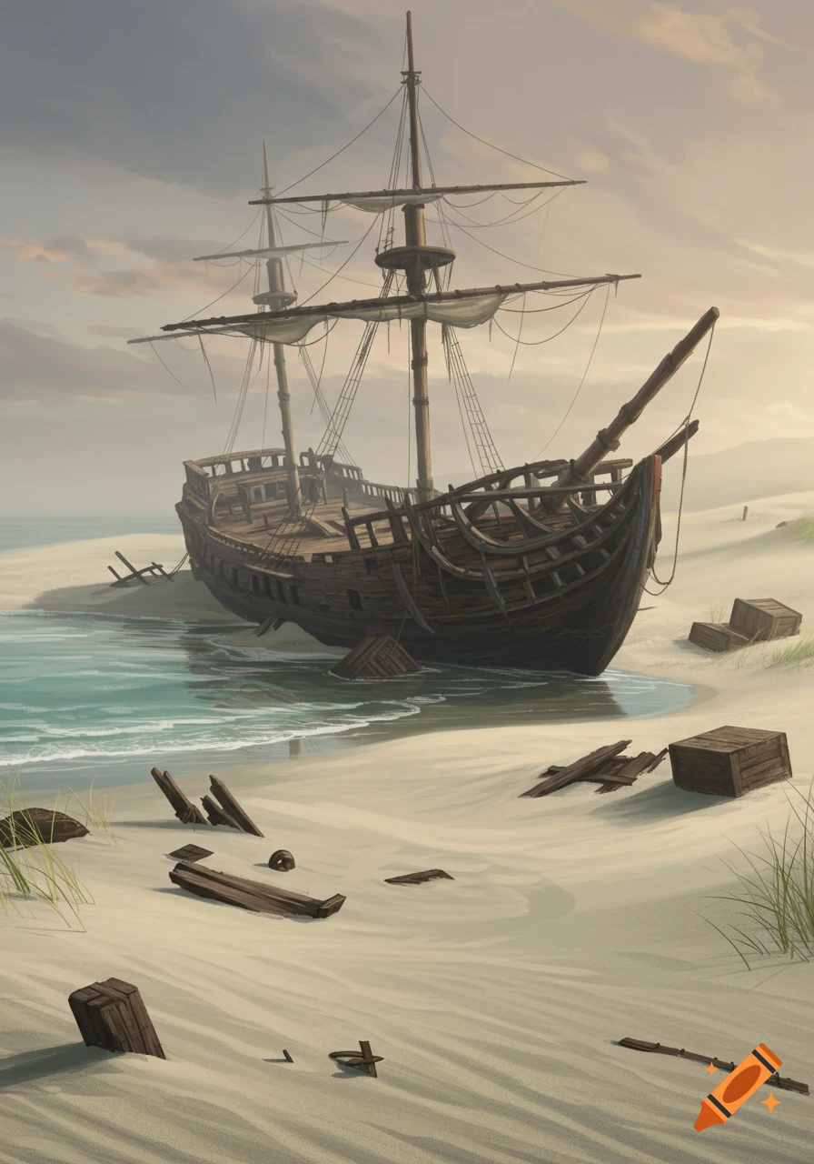 Detailed illustration of an old wooden shipwreck beached on a sandy shore under a cloudy sky.