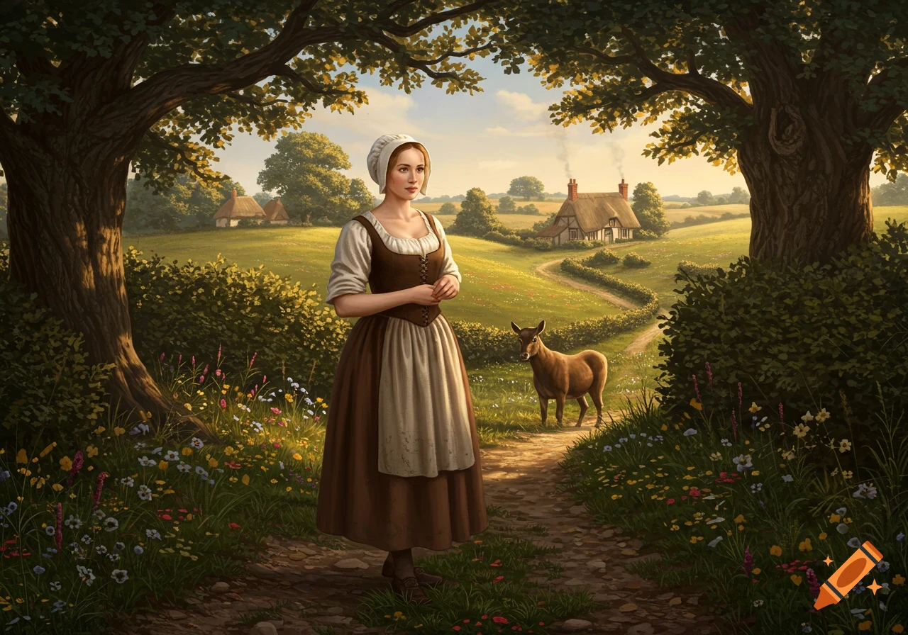 A peasant woman in a brown dress and white cap stands on a dirt path in a lush green countryside with cottages and a deer.