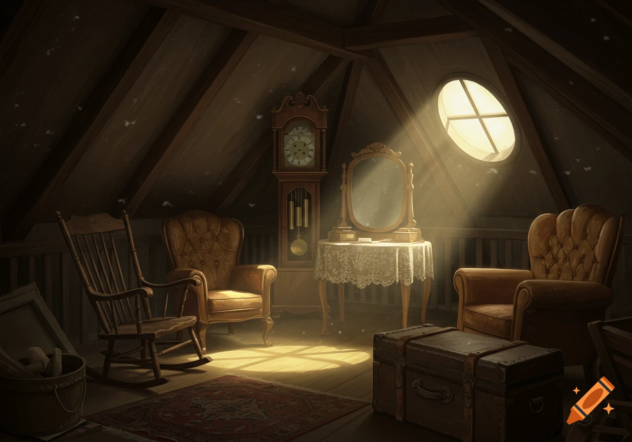 A dusty, sunlit attic filled with vintage furniture including a rocking chair, armchairs, grandfather clock, dressing table, and trunk.