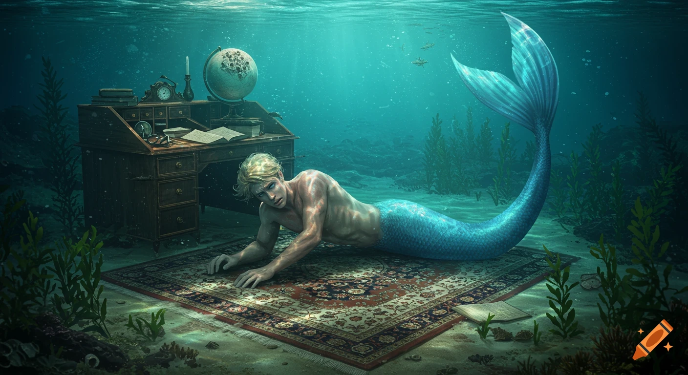 A blond merman lies on an ornate rug underwater next to a vintage desk, appearing distressed in a realistic style.