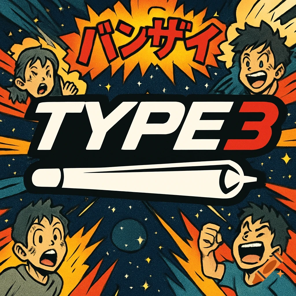 Cartoon logo with 'TYPE 3' and Japanese 'Banzai' text, manga characters, and a stylized joint against a starry background.