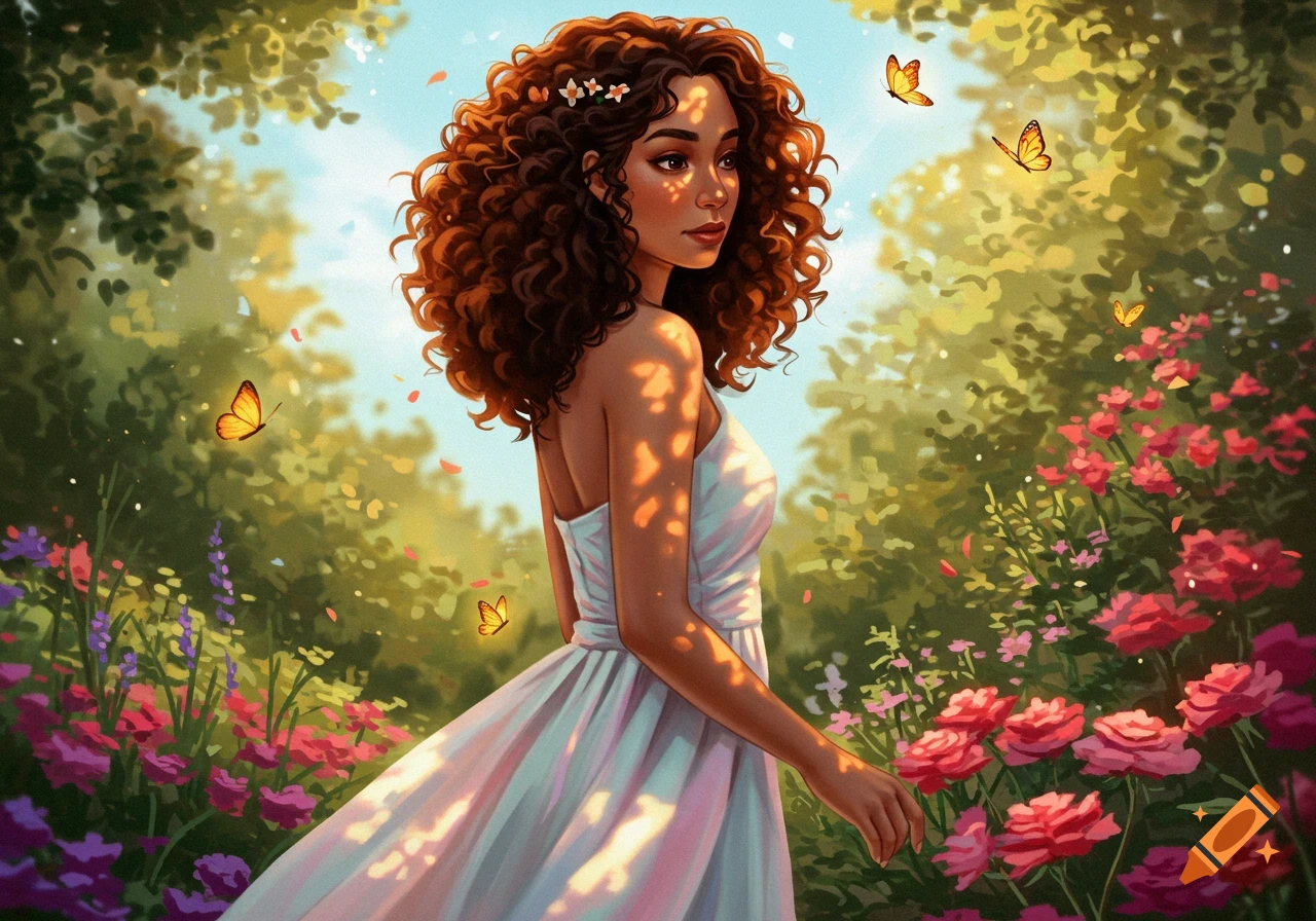 Illustrated image of a woman with curly hair in a white dress walking through a vibrant, sunny garden with flowers and butterflies.
