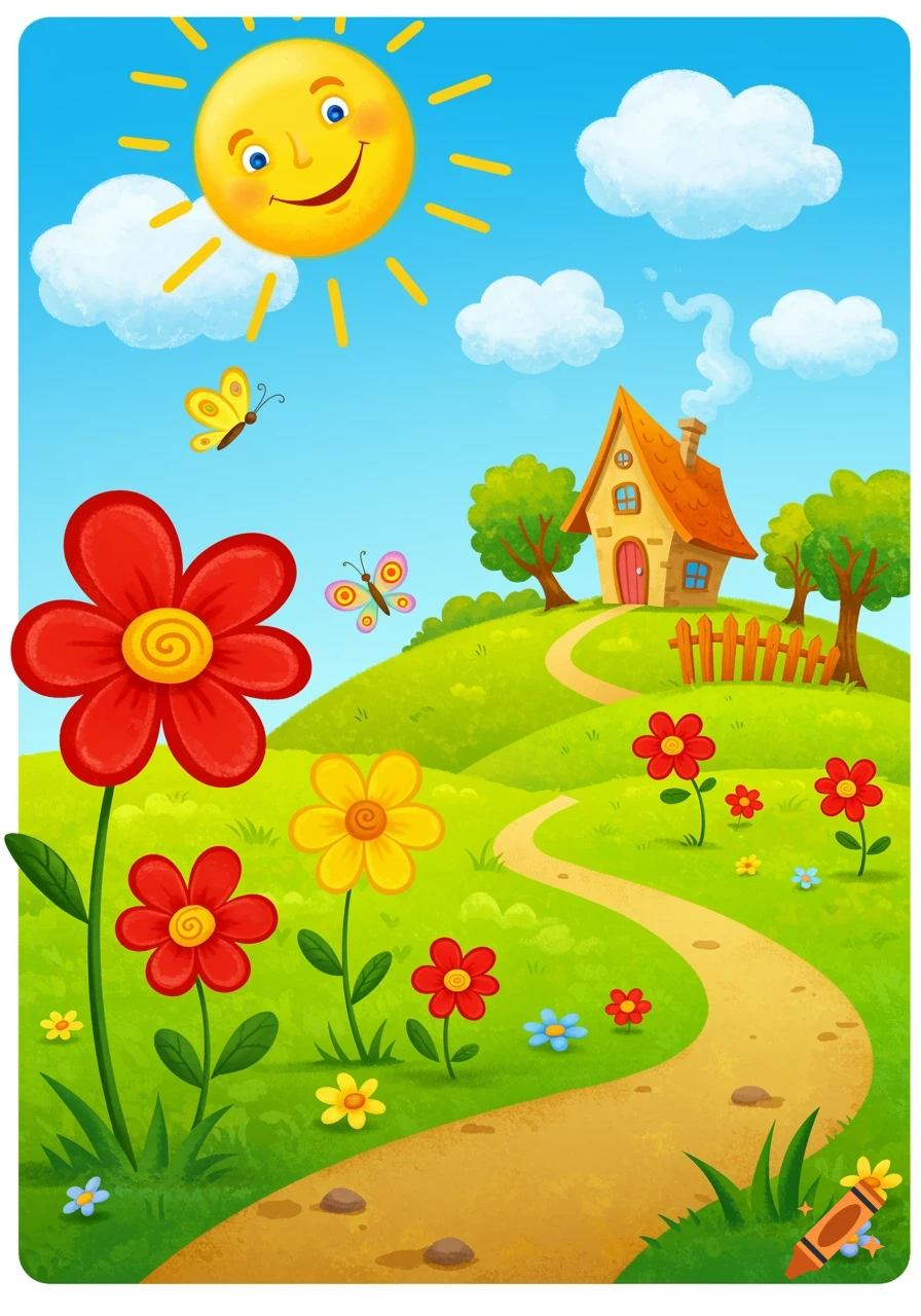 A vibrant, stylized cartoon landscape features a smiling sun, a cozy house on a hill with a winding path, and colorful flowers and butterflies.