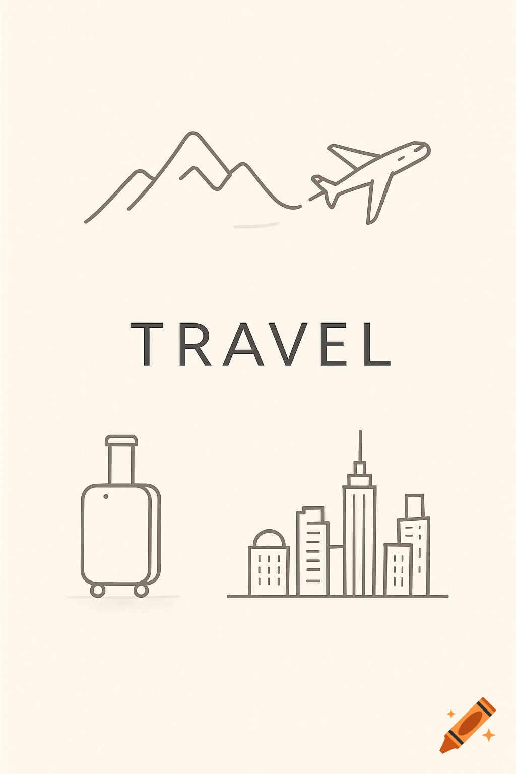 Minimalistic line art illustration with mountains, an airplane, the word 'TRAVEL', a suitcase, and a city skyline.