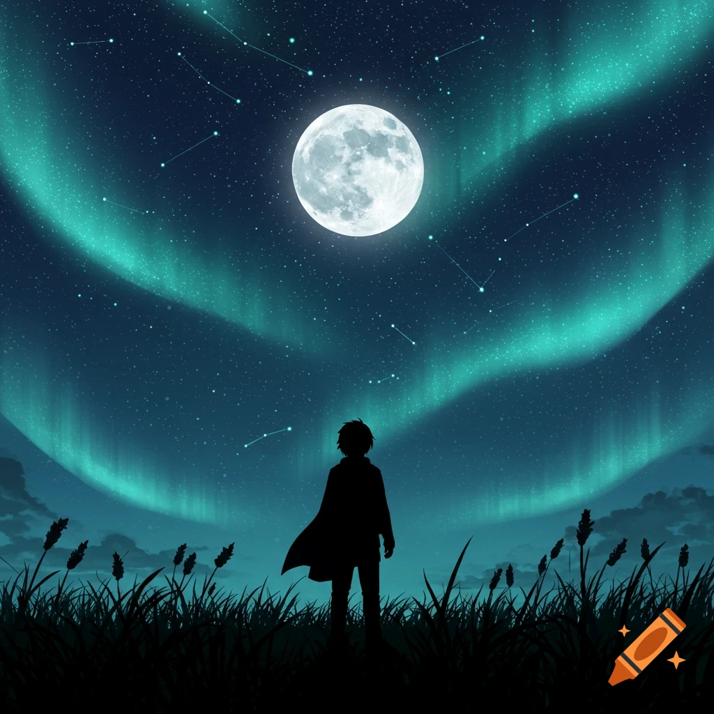 Silhouette of a person in a cape standing in tall grass, gazing at a full moon and green aurora borealis in a starry night sky.