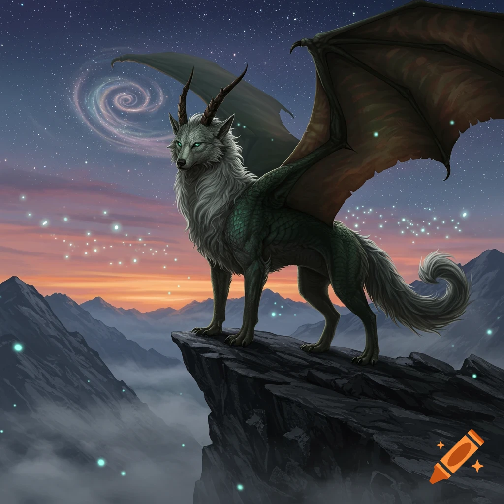 A majestic wolf-dragon creature with green scales and large wings stands on a rocky mountain peak under a starry, twilight sky.