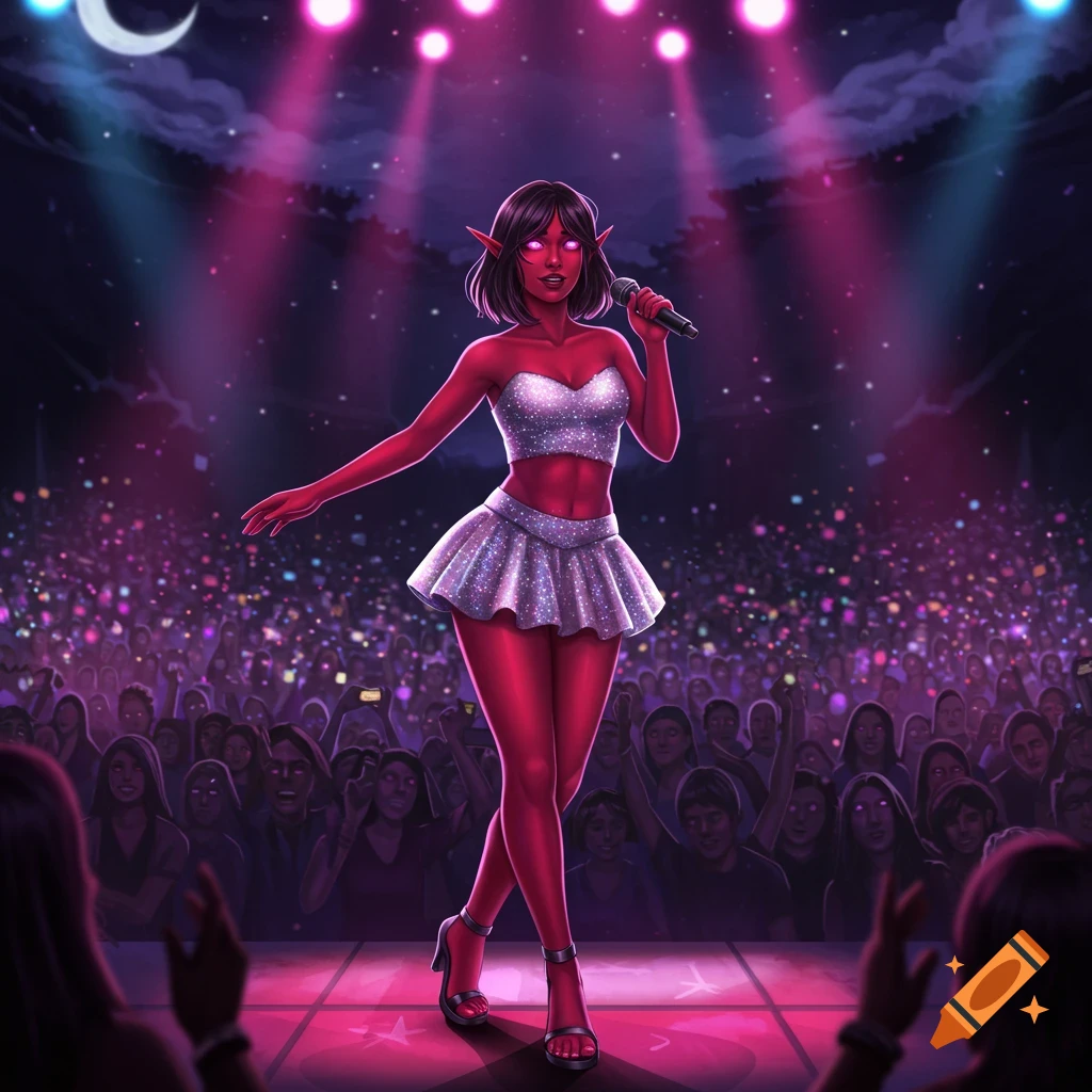 A red-skinned elf in a sparkly white top and mini skirt sings on stage under pink spotlights to a large, cheering crowd.