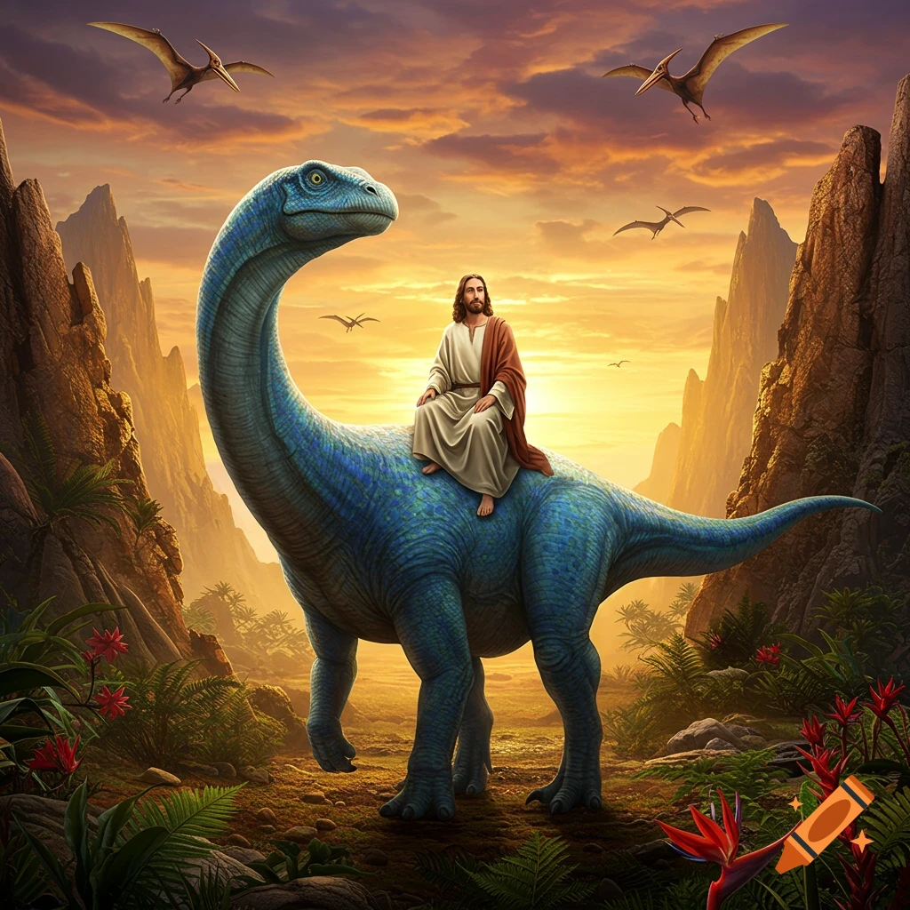 Jesus rides a blue-green dinosaur through a prehistoric landscape at sunset, with pterodactyls flying overhead.