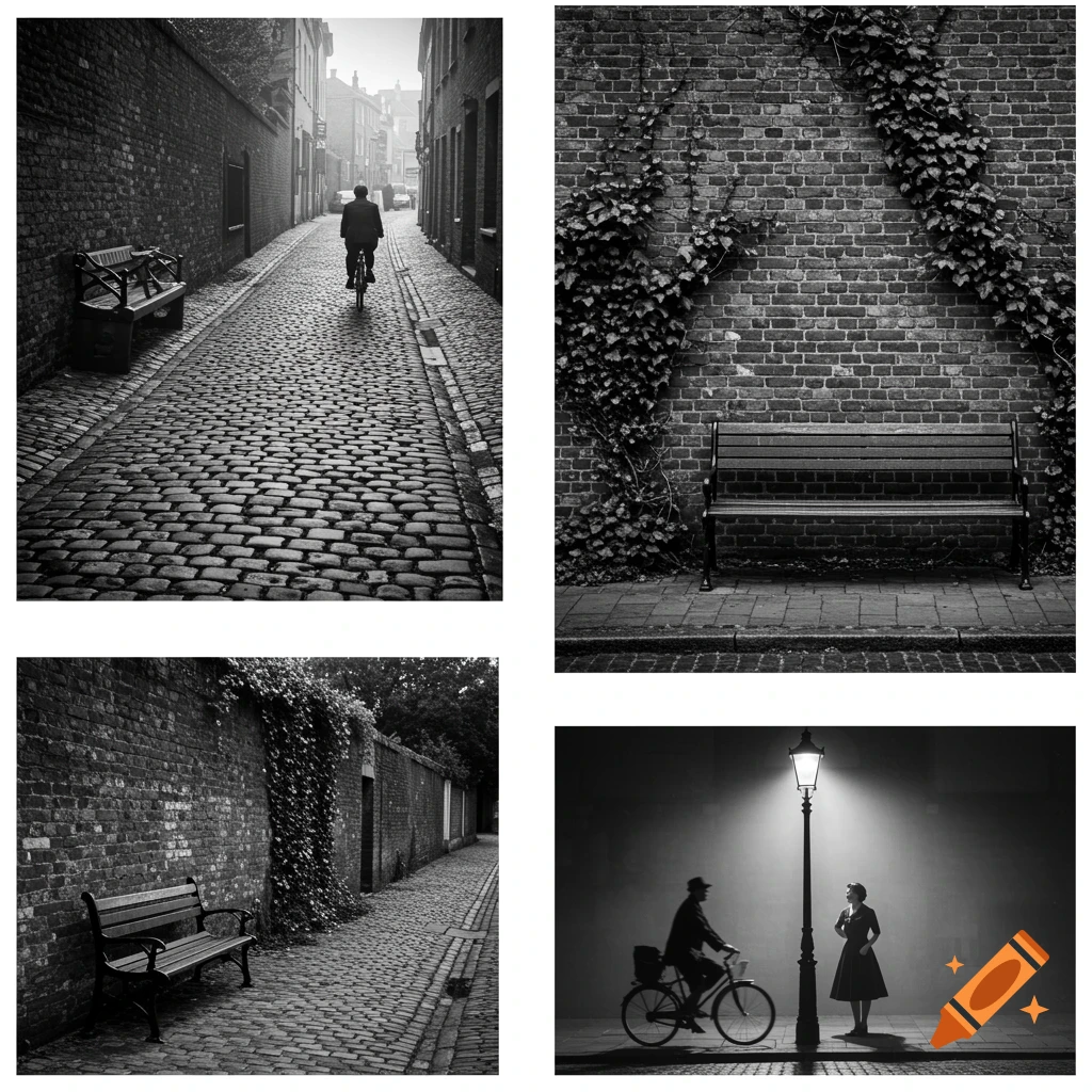 Four black and white photos: a person cycling on a cobblestone street, a brick wall with ivy and a bench, and a couple standing under a lamppost at night.