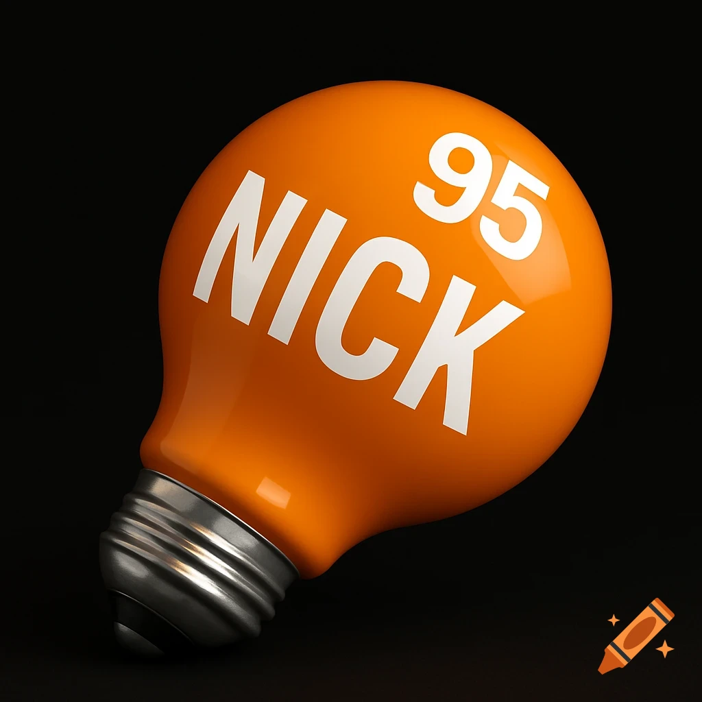 An orange, glossy lightbulb with the word "NICK" and number "95" in white, tilted against a black background.