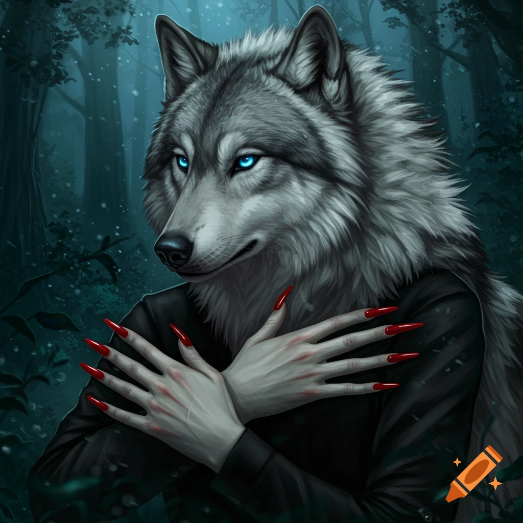 A digital painting of a gray wolf with glowing blue eyes and human-like hands with long red nails crossed over its chest, set against a dark, misty forest.