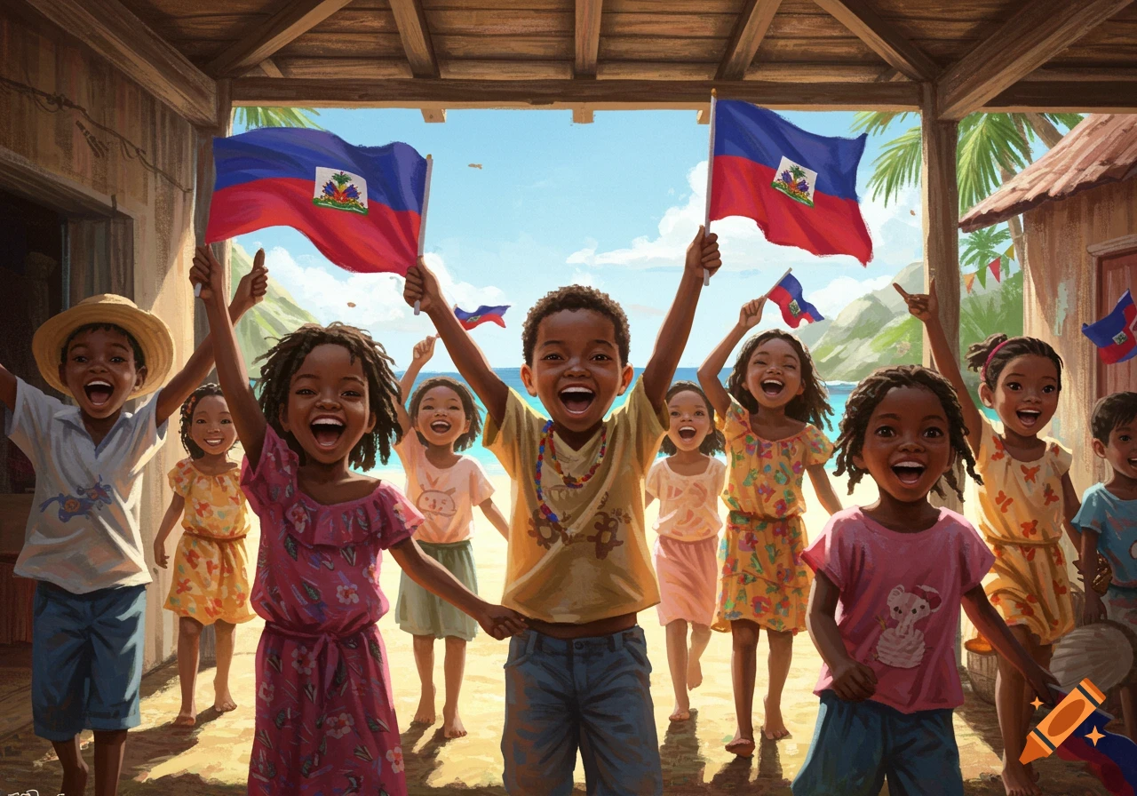 A group of joyful Haitian children on a beach, cheering and waving Haitian flags in a vibrant, painterly style.