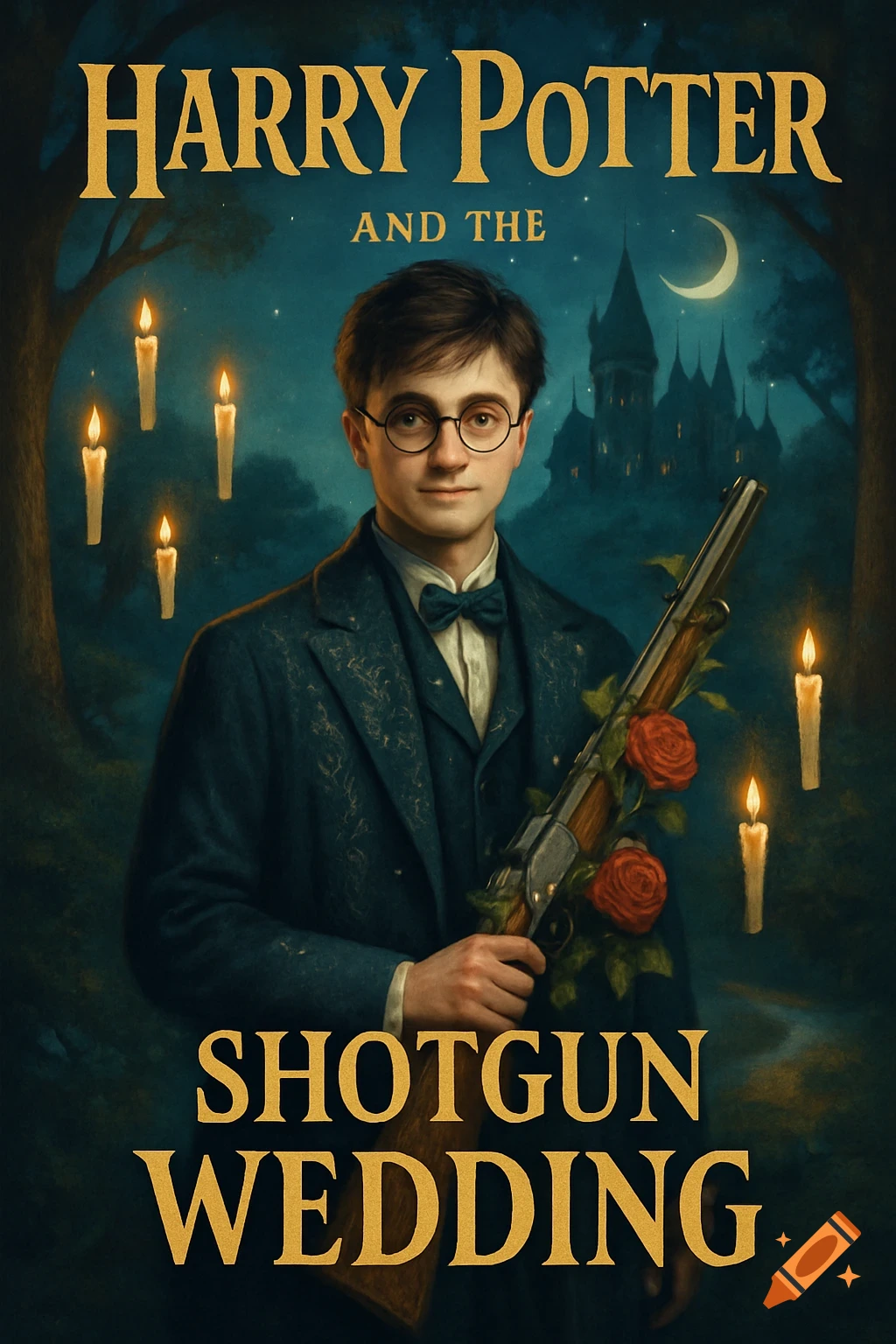 Illustration of Harry Potter holding a rose-decorated shotgun on a dark fantasy book cover titled 'Harry Potter and the Shotgun Wedding', with a castle in the background.