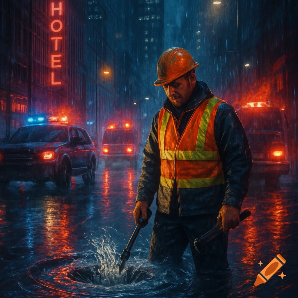 A photorealistic worker in a safety vest stands in a flooded city street at night, clearing an overflowing manhole in the rain.