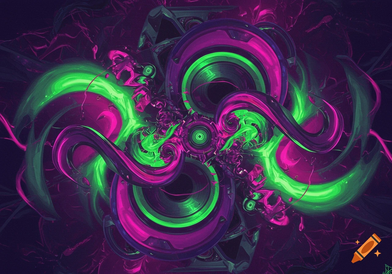 Vibrant abstract design with swirling neon green and magenta shapes on a dark background.