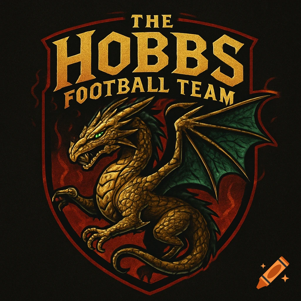 A golden and green dragon logo on a shield with the text 'The Hobbs Football Team' above it, against a dark background.