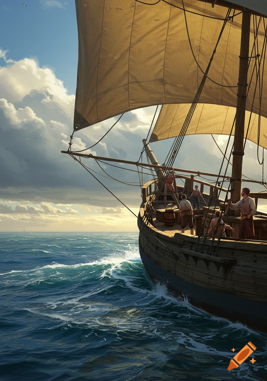 An old wooden sailing ship with men on board, navigating rough seas under a cloudy sky at sunset.