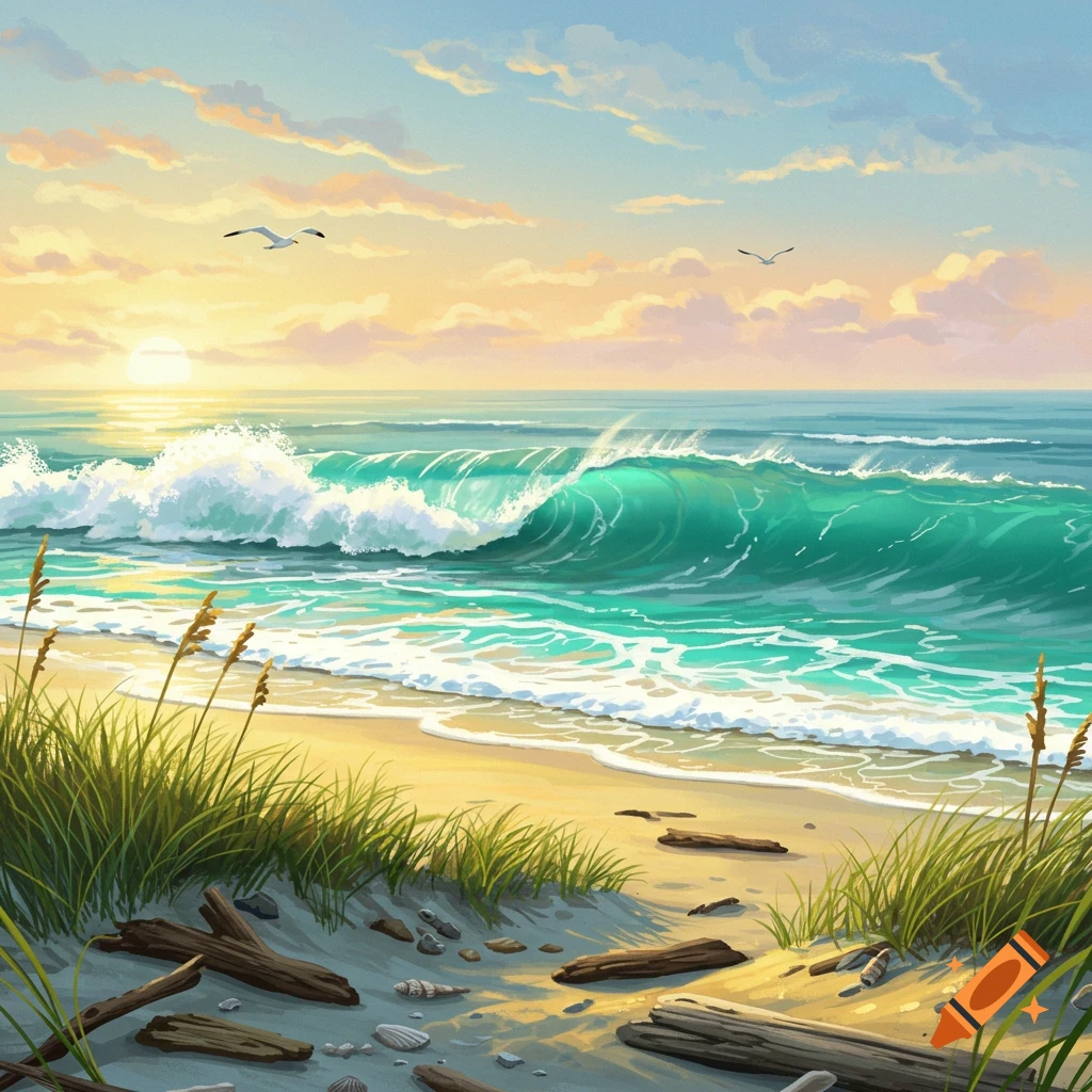 Vibrant digital painting of a beach at sunrise with emerald waves, golden sand, dune grass, and scattered driftwood.