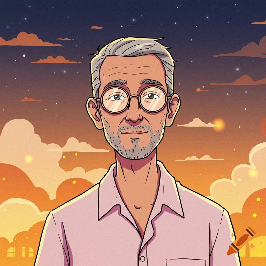 Cartoon portrait of an older man with grey hair, glasses, and a short beard, wearing a pink shirt, against a sunset sky.