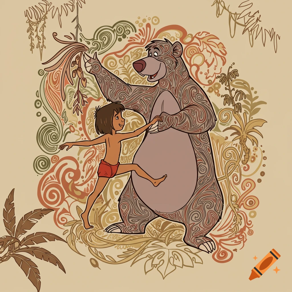 Mowgli and Baloo in a tribal line art illustration, Mowgli playfully interacting with the bear, surrounded by decorative jungle patterns.