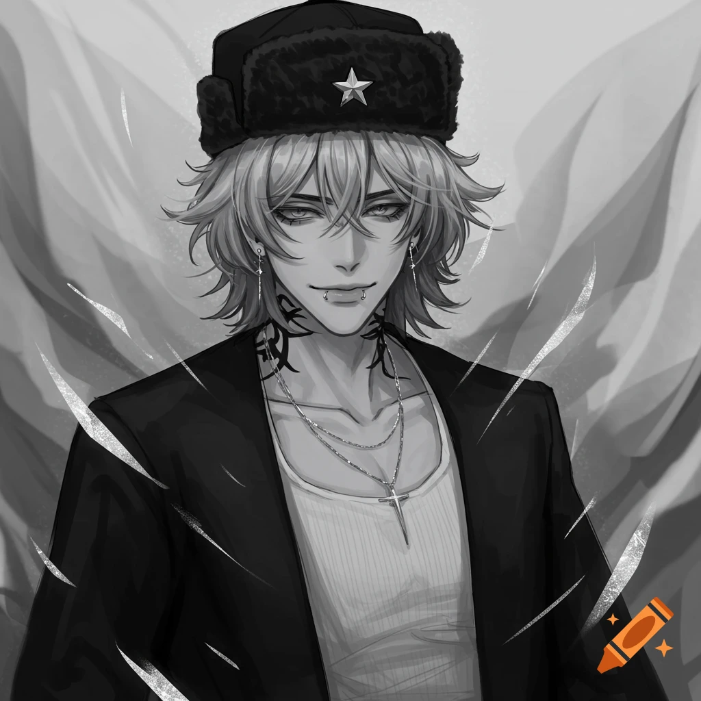 Monochrome digital art portrait of a male character with ash hair, grey eyes, tattoos, piercings, black ushanka, and jacket.