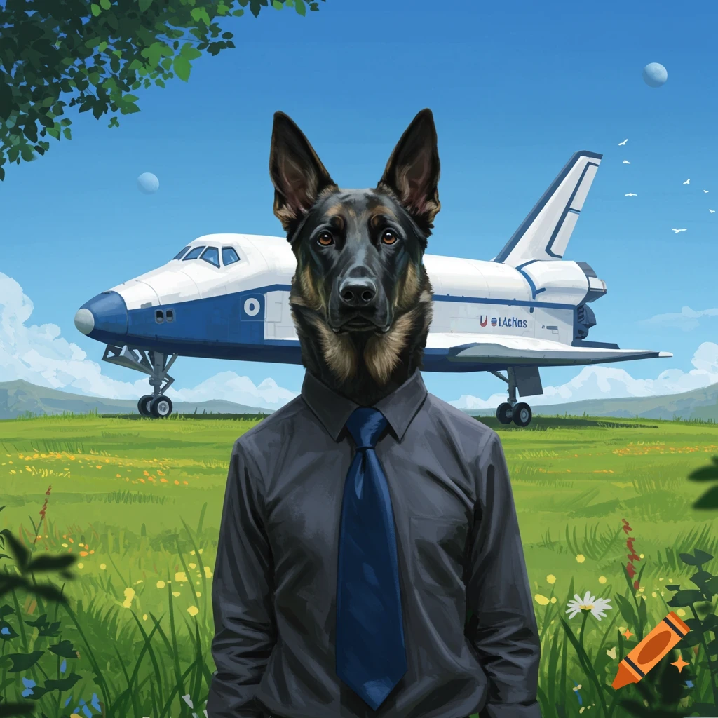 A German Shepherd wearing a dark shirt and blue tie stands in a grassy field with a white and blue space shuttle behind it under a blue sky.