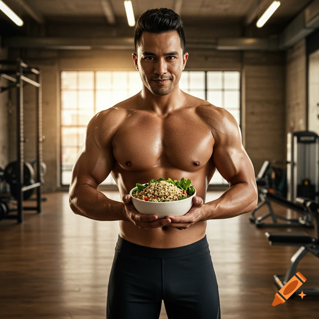 A muscular man in a gym holding a bowl of quinoa.