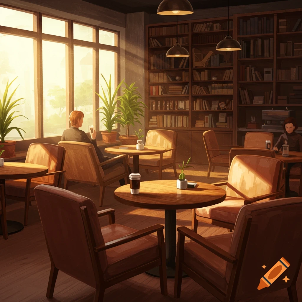 Warm, cozy cafe or library interior with patrons, bathed in sunlight from large windows, with bookshelves and plants.
