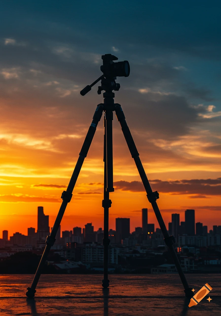 A camera on a tripod silhouetted against a vibrant orange and blue sunset sky, with a city skyline in the background.