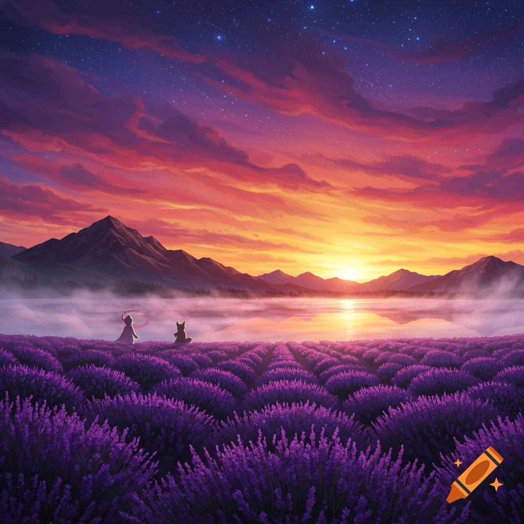 A vibrant fantasy landscape at sunset with a purple lavender field, foggy lake, mountains, and a starry sky.