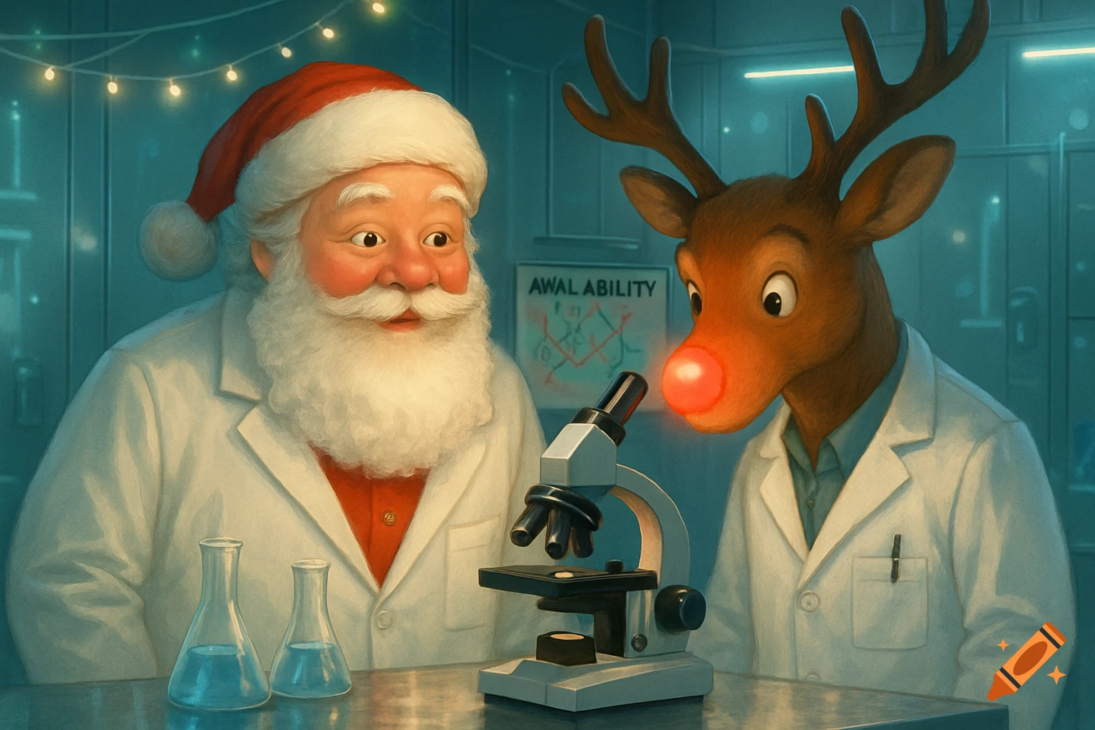 Santa and Rudolph, both in lab coats, look at a microscope in a brightly lit science laboratory. Rudolph's nose glows.