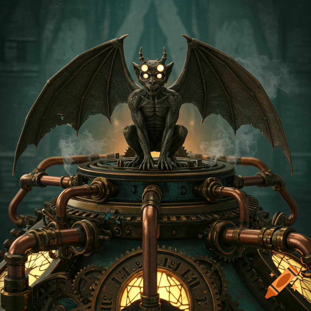 A detailed fantasy steampunk gargoyle with glowing eyes crouches on an intricate clockwork mechanism with copper pipes and gears.