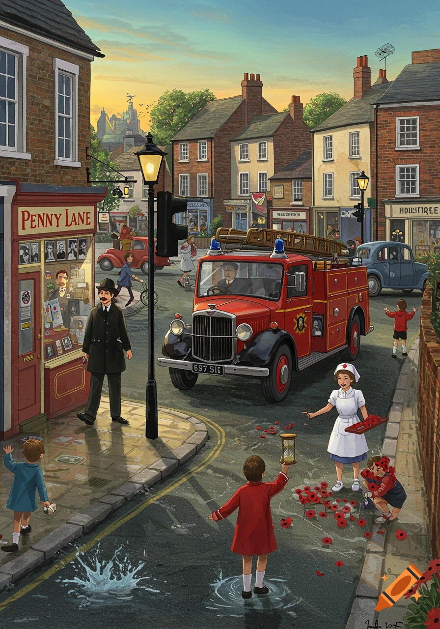 Nostalgic illustration of a bustling Penny Lane street with a red fire engine, a barber shop, and people, including a nurse selling poppies.
