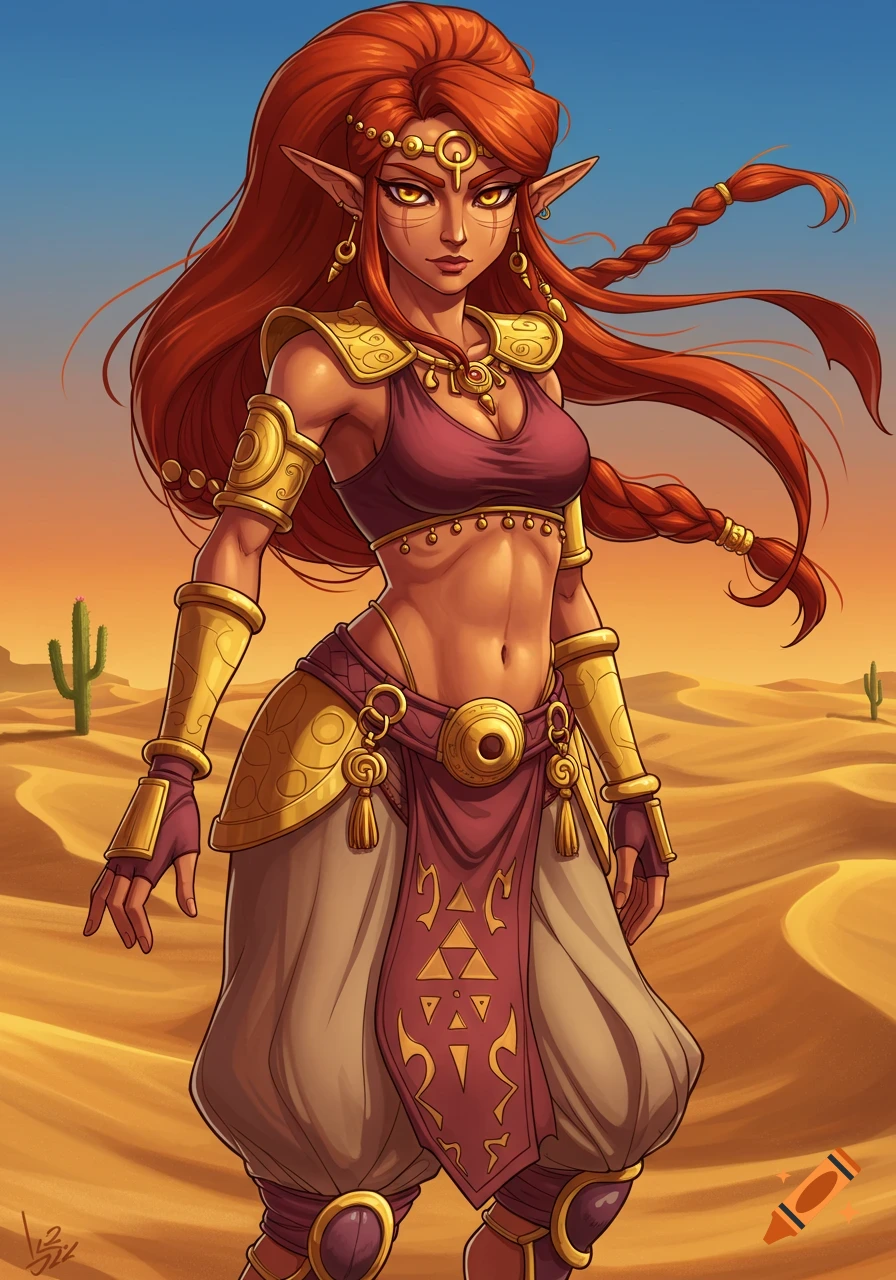 Stylized illustration of Nabooru, a fantasy woman with long red hair, golden armor, and a maroon top, standing in a desert.