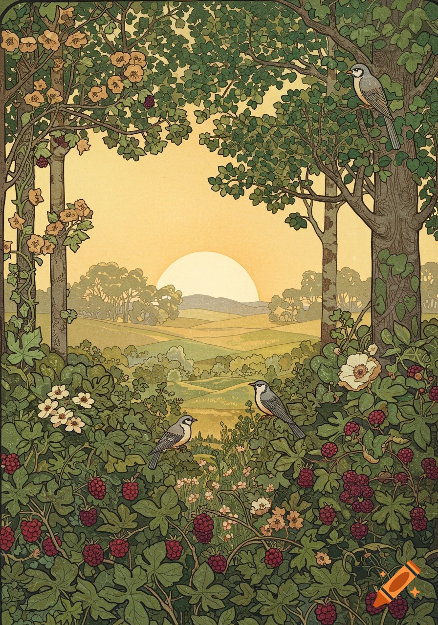 Art Nouveau woodcut of a vibrant forest clearing at sunrise, with birds, berry bushes, and flowering trees.