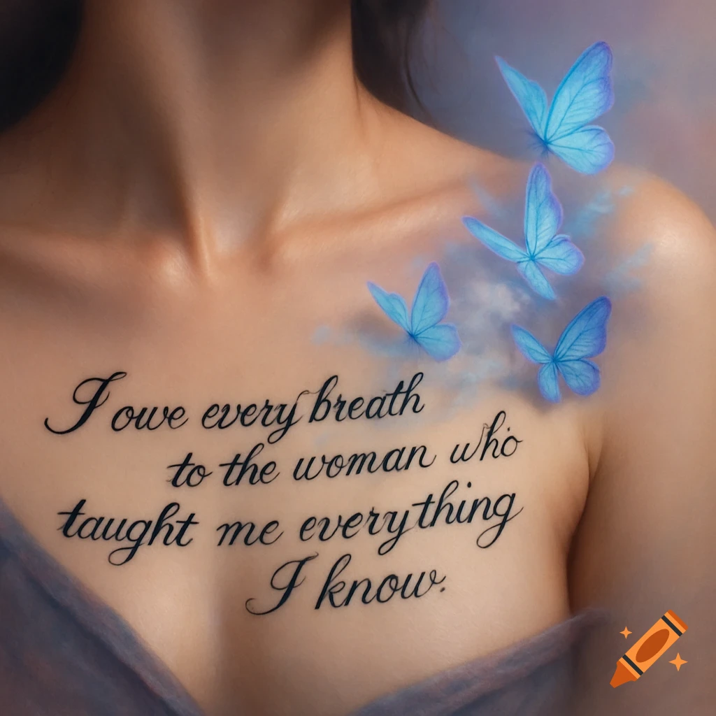 Photorealistic close-up of a woman's chest with a tattoo and glowing blue butterflies.