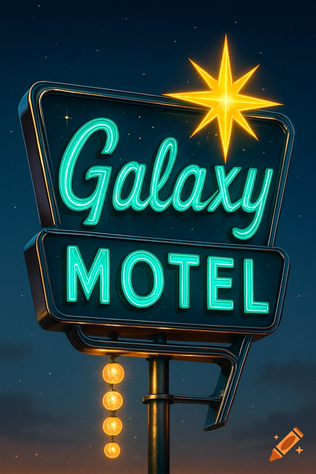 A vibrant retro neon sign for the 'Galaxy Motel' against a starry night sky.