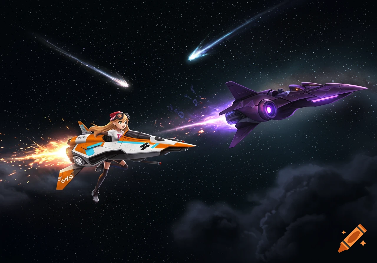 A cartoon girl pilots an orange spaceship through space, as a purple spaceship shoots at her, with comets in the background.