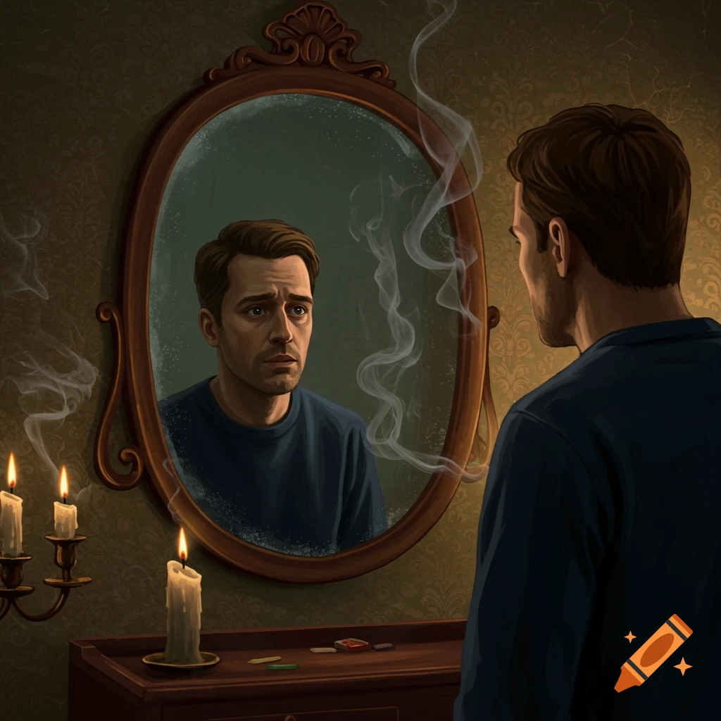 A distressed man looks at his reflection in an ornate mirror, surrounded by candles and smoke in a dimly lit room. Digital illustration.