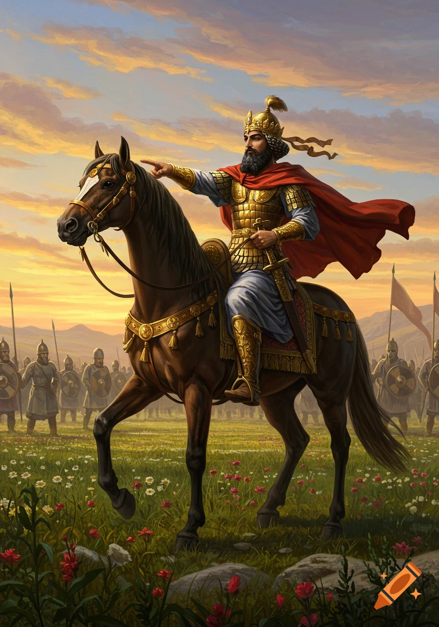 A majestic warrior in golden armor and red cape rides a horse, pointing forward, with an army gathered behind him under a sunset sky.